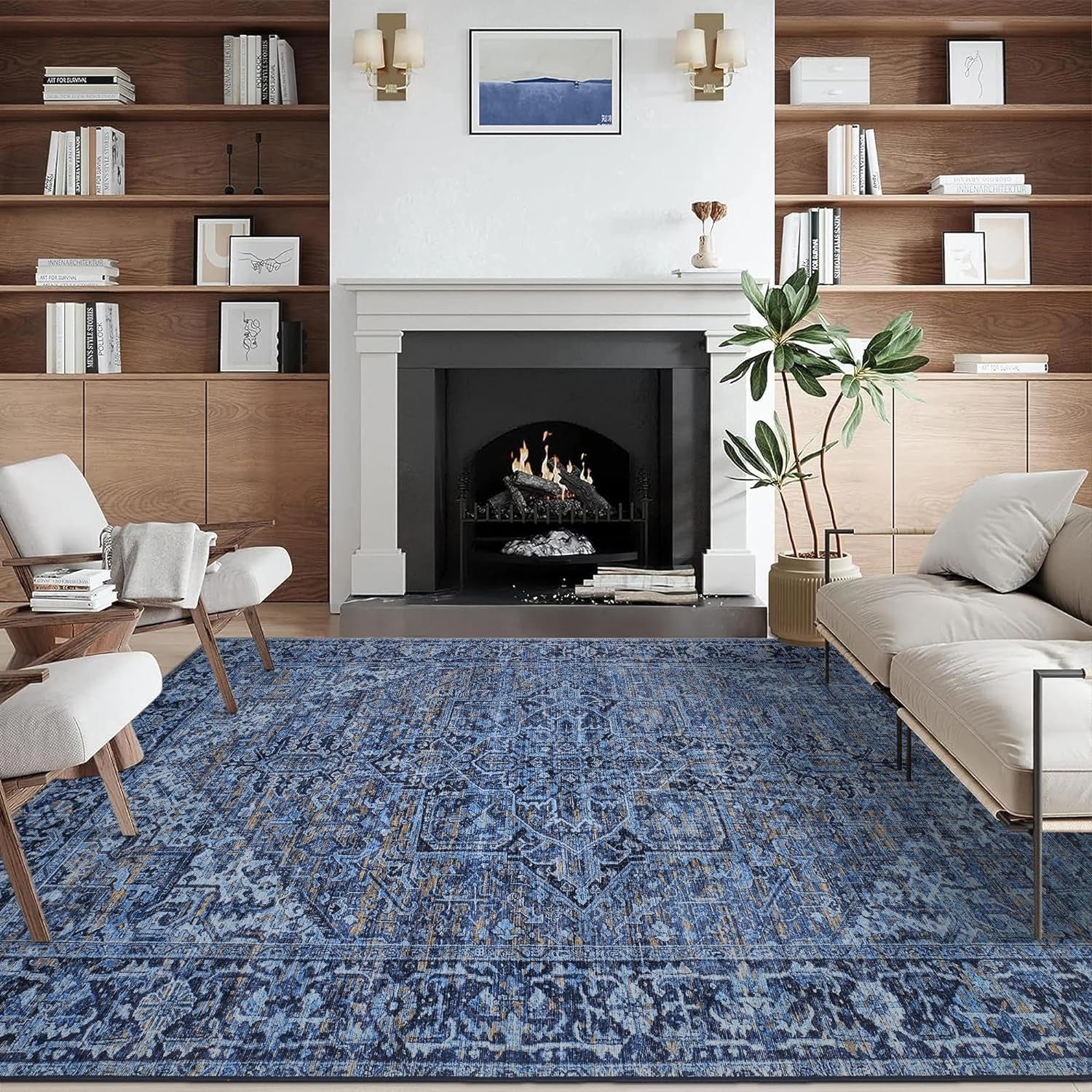 Machine Washable Area Rug - Living Room Bedroom Bathroom Kitchen Entryway Office - Padded Low Pile Stain Resistant Premium - Boho Vintage Traditional - Lyle - Blue 7'6" X 9'6"