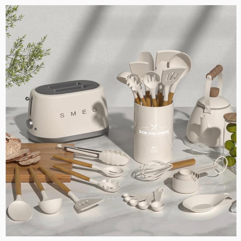 Kitchen Cooking Utensils Set, 33 Pcs Non-Stick Silicone Cooking Kitchen Utensils Spatula Set with Holder, Wooden Handle Silicone Kitchen Gadgets Utensil Set