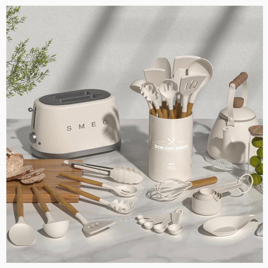 Kitchen Cooking Utensils Set, 33 Pcs Non-Stick Silicone Cooking Kitchen Utensils Spatula Set with Holder, Wooden Handle Silicone Kitchen Gadgets Utensil Set