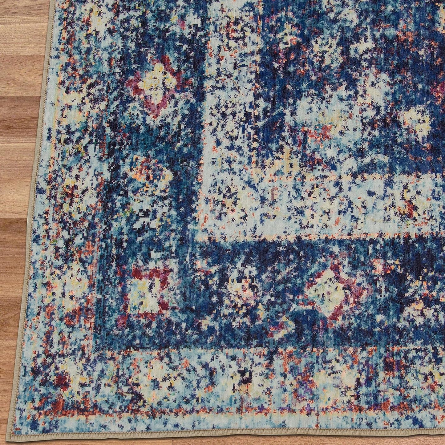 Realife Machine Washable Rug - Stain Resistant, Non-Shed - Eco-Friendly, Non-Slip, Family & Pet Friendly - Made from Premium Recycled Fibers - Vintage Distressed Medallion - Blue, 4' X 6'