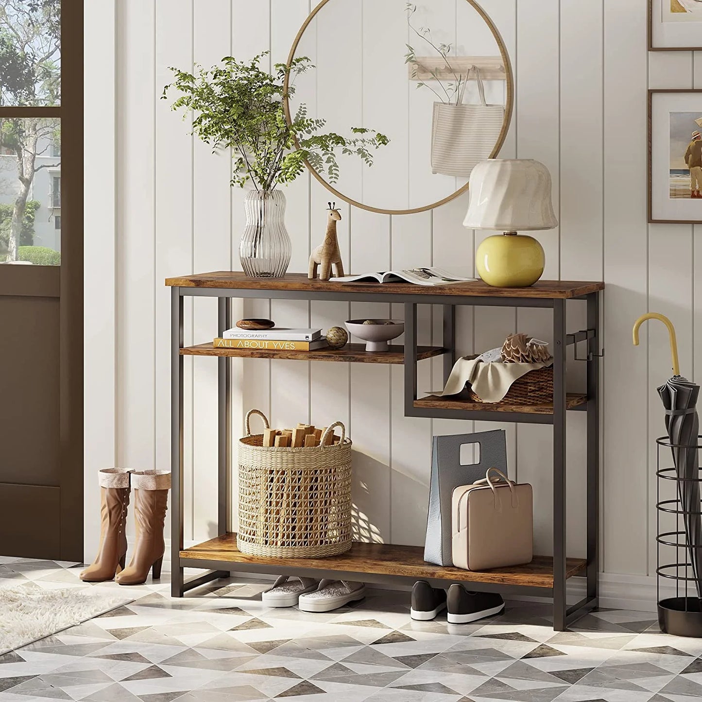 Narrow Console Table with 4 Storage Shelves & 2 Hooks, Buffet Sideboard Side Desk Entryway Table, Rustic