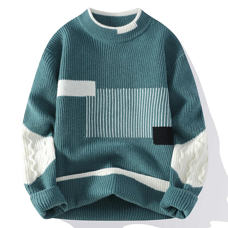 Men'S Mock Neck Knitted Sweater Fashion Patchwork Knitting Pullovers Men Autumn Winter Daily Casual Warm Pullover Sweaters Man