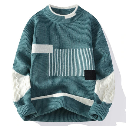 Men'S Mock Neck Knitted Sweater Fashion Patchwork Knitting Pullovers Men Autumn Winter Daily Casual Warm Pullover Sweaters Man