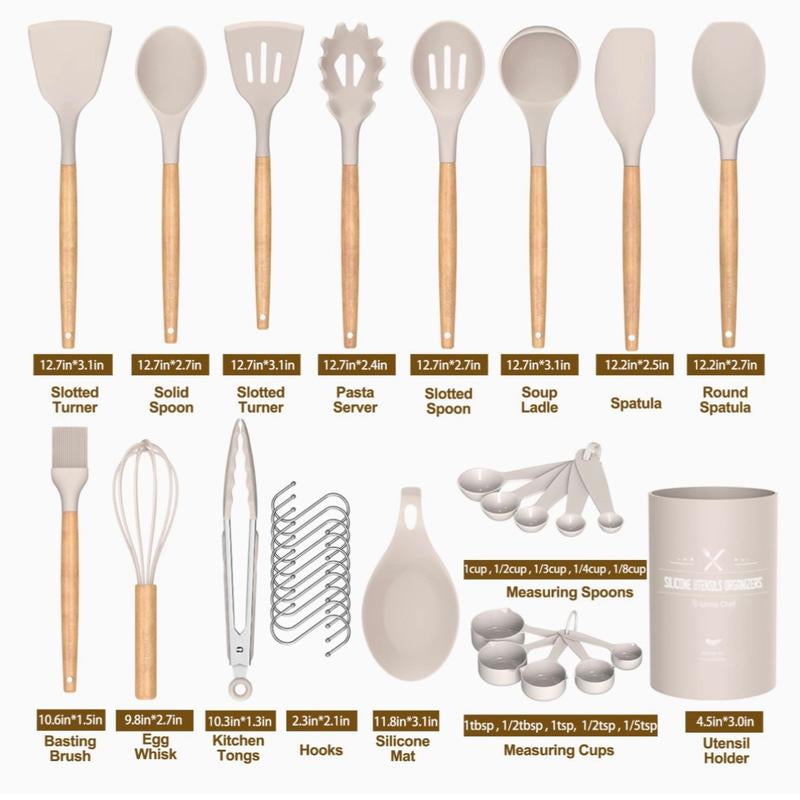 Kitchen Cooking Utensils Set, 33 Pcs Non-Stick Silicone Cooking Kitchen Utensils Spatula Set with Holder, Wooden Handle Silicone Kitchen Gadgets Utensil Set