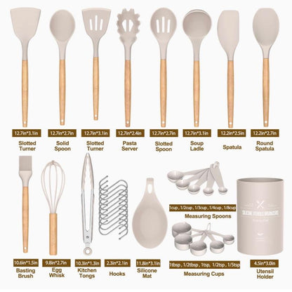 Kitchen Cooking Utensils Set, 33 Pcs Non-Stick Silicone Cooking Kitchen Utensils Spatula Set with Holder, Wooden Handle Silicone Kitchen Gadgets Utensil Set