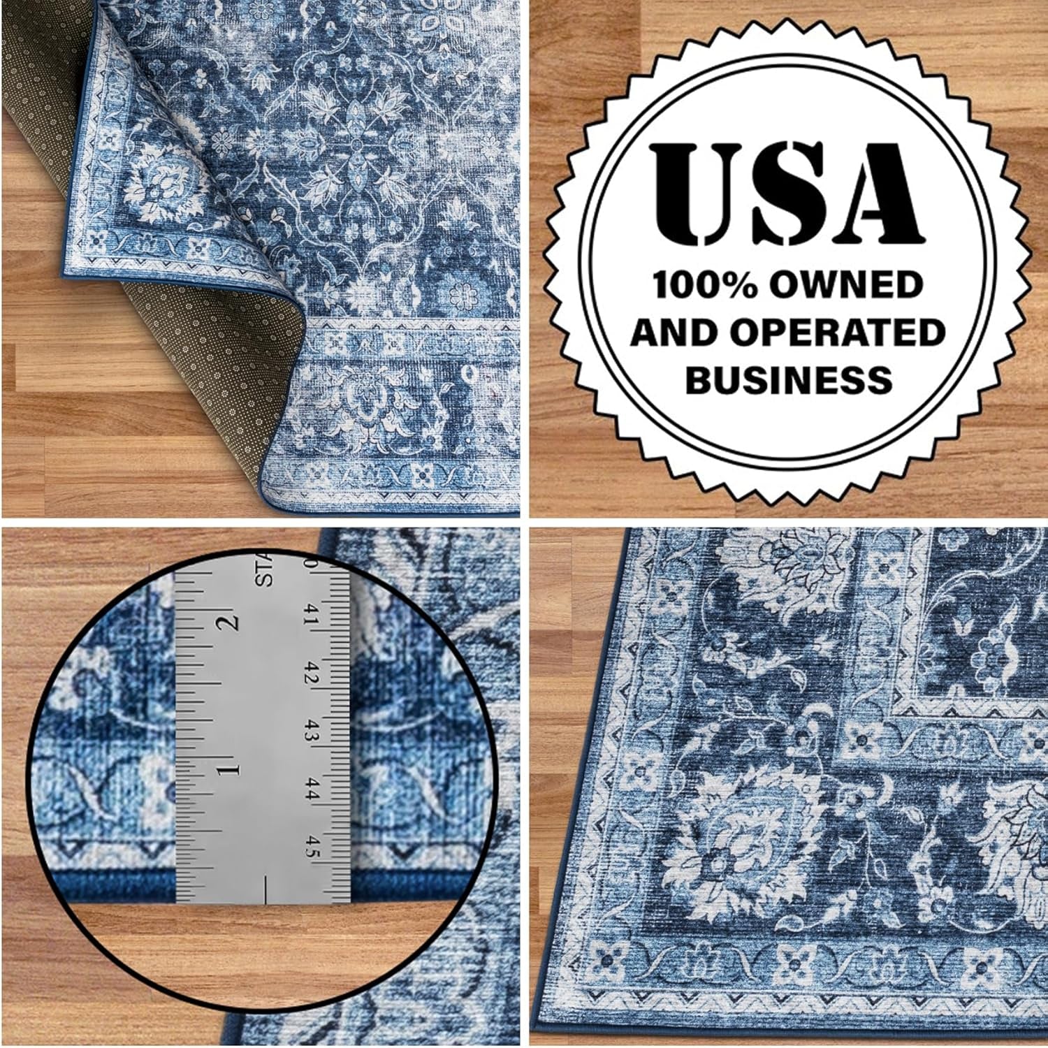 Machine Washable Area Rug - Living Room Bedroom Bathroom Kitchen Entryway Office - Padded Low Pile Stain Resistant Premium - Boho Farmhouse Vintage - Noor - Blue 4' X 6'