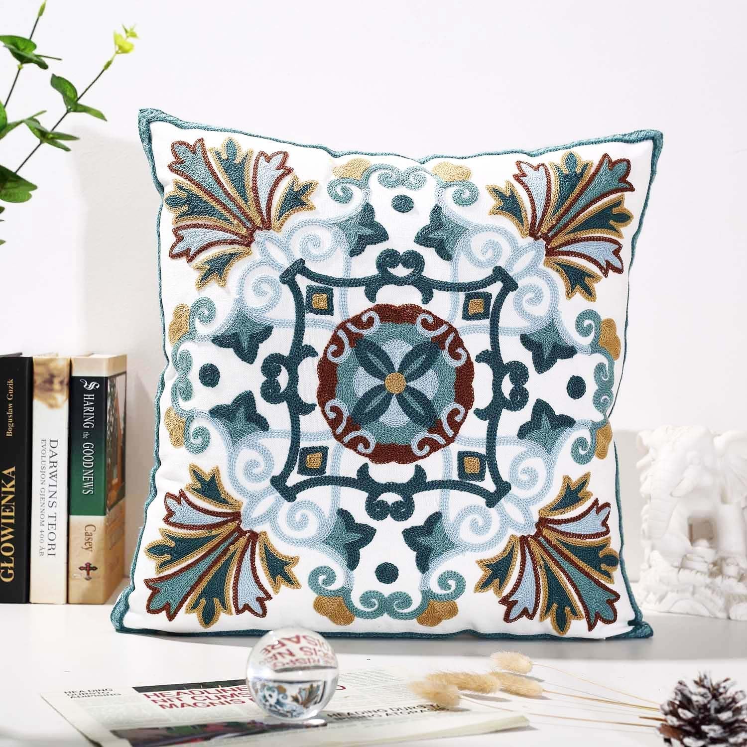 Onelsong Decorative Pillow Covers for Couch Living Room 18X18 Inches Set of 2 Embroidery Square Boho Throw Pillows Cover for Sofa Chair Bed