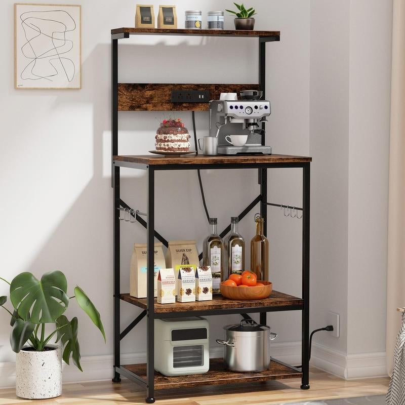 Walsunny 23.6" Standing Bakers Rack with Power Outlet, Kitchen Organizers and Storage with 6 Hooks, Kitchen Shelf, Coffee Station Cabinet, Wooden