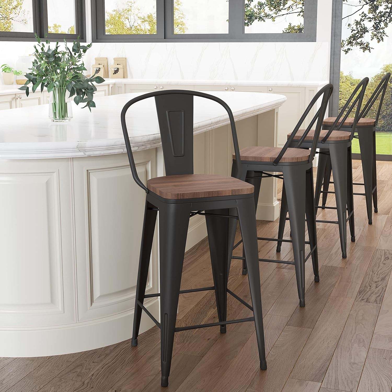 Metal Bar Stools Set of 4,24 Inch Barstools Counter Height Bar Stools with Backs Farmhouse Bar Stools with Larger Seat High Back Kitchen Dining Chairs Modern Bar Chairs Matte Black Stool