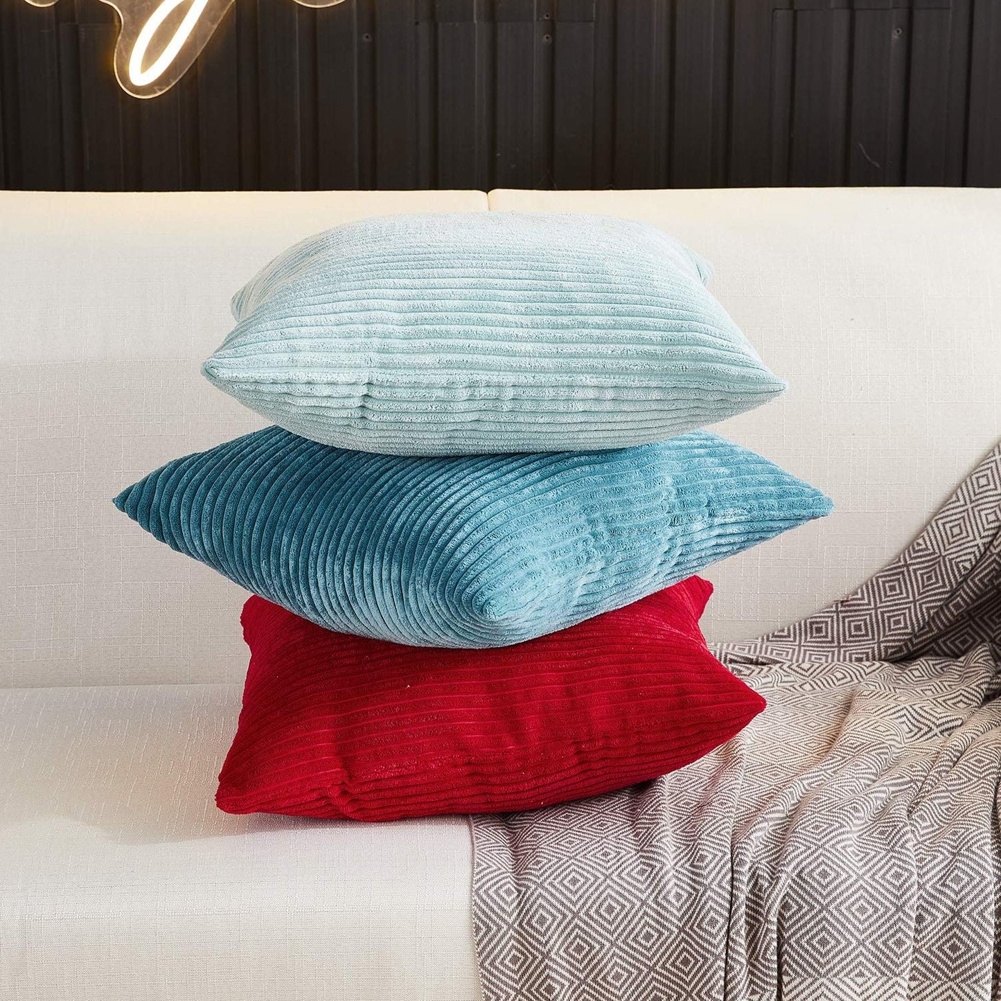 Pack of 2, Corduroy Soft Decorative Square Throw Pillow Cover Cushion Covers Pillowcase, Home Decor Decorations for Sofa Couch Bed Chair 18X18 Inch/45X45 Cm (Striped Light Green)