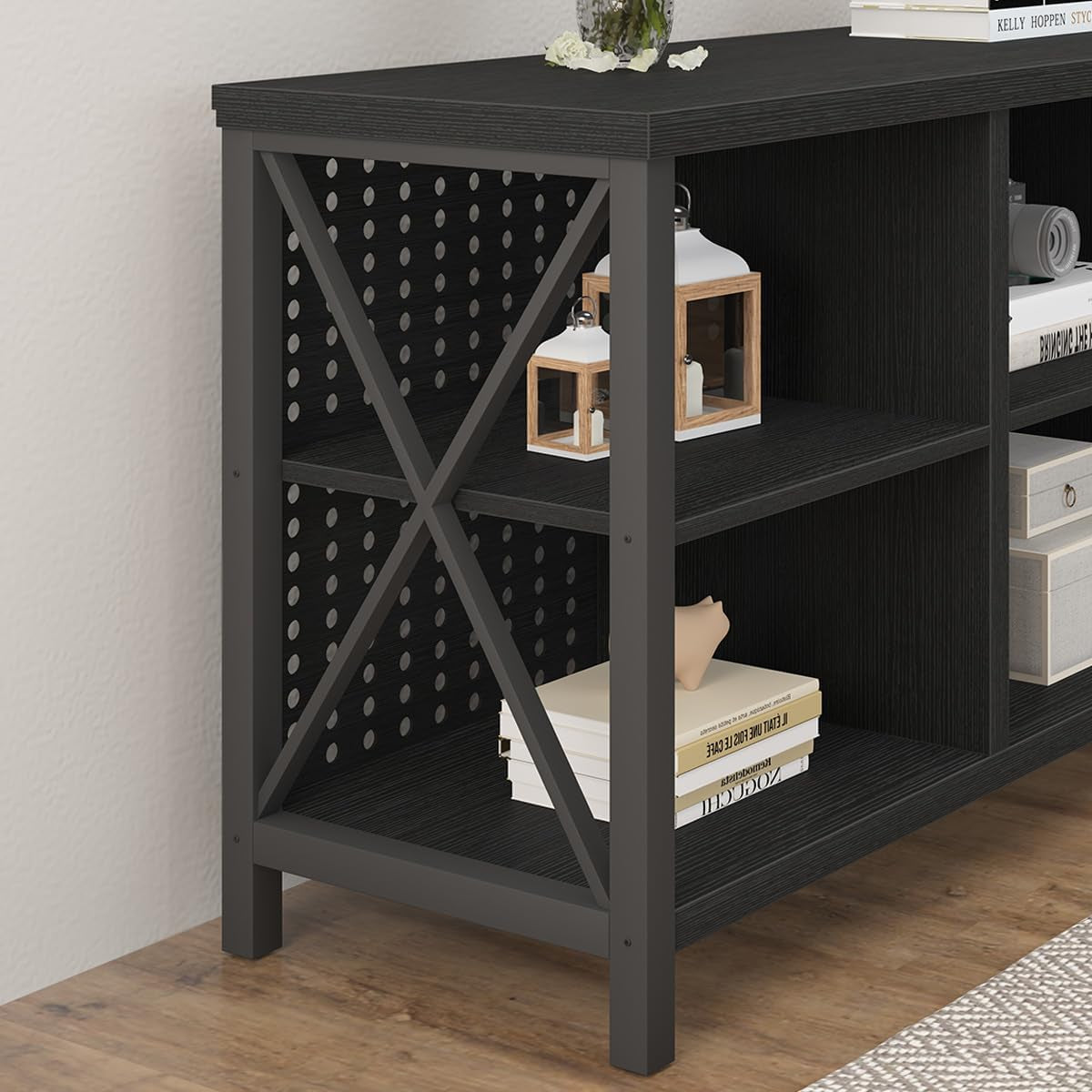 Black Entertainment Center, Modern Wood Metal TV Stand for 65 Inch TV, Industrial Television Stands with Cabinet Storage, Farmhouse Media Console Tables for Home Living Bedroom, Black Oak, 55 Inch