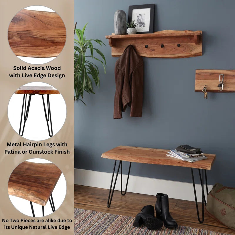 Lareese Alaterre Furniture Live Edge Wood Bench - Natural Acacia Wood Top with Metal Hairpin Legs