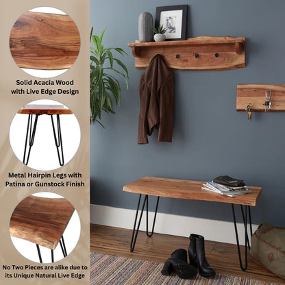 Lareese Alaterre Furniture Live Edge Wood Bench - Natural Acacia Wood Top with Metal Hairpin Legs