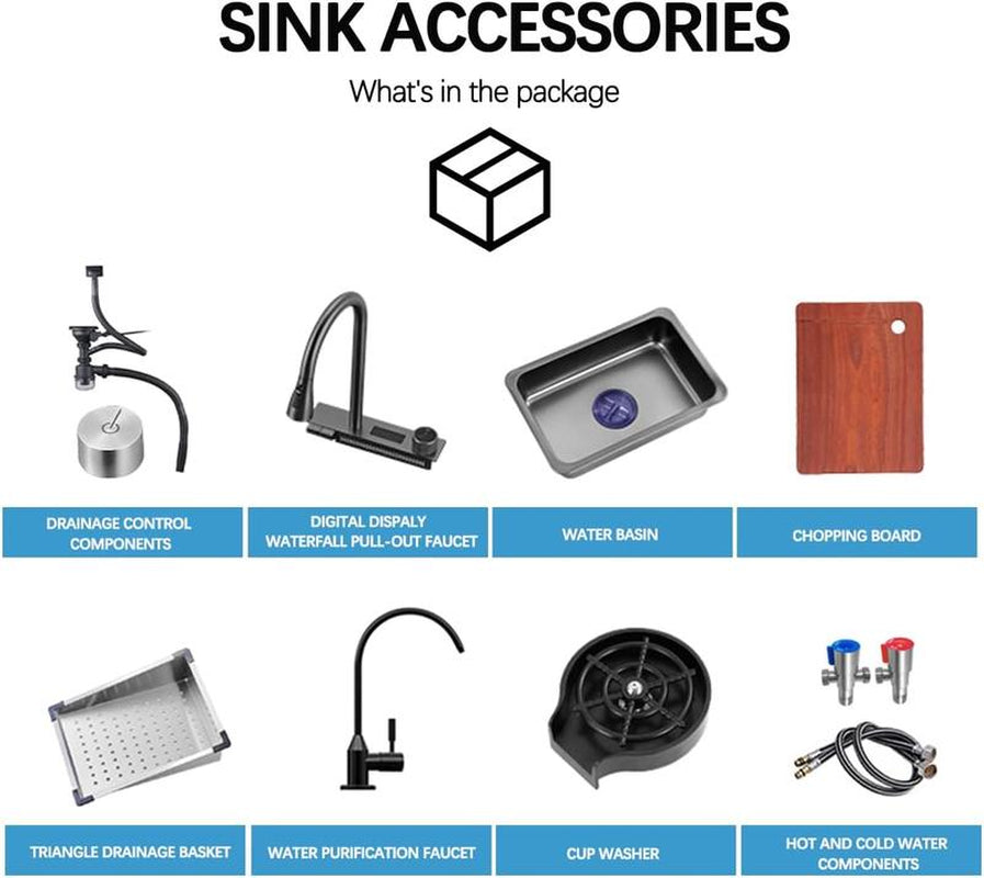 Bronstarz 33*22 INCH Black Nano Drop in Sink 304 Stainless Steel Waterfall Sink with Pull down Sprayhead Faucet Single Bowl Drop in Kitchen Sink Workstation with LED TEMP Display (33 X 22 IN)