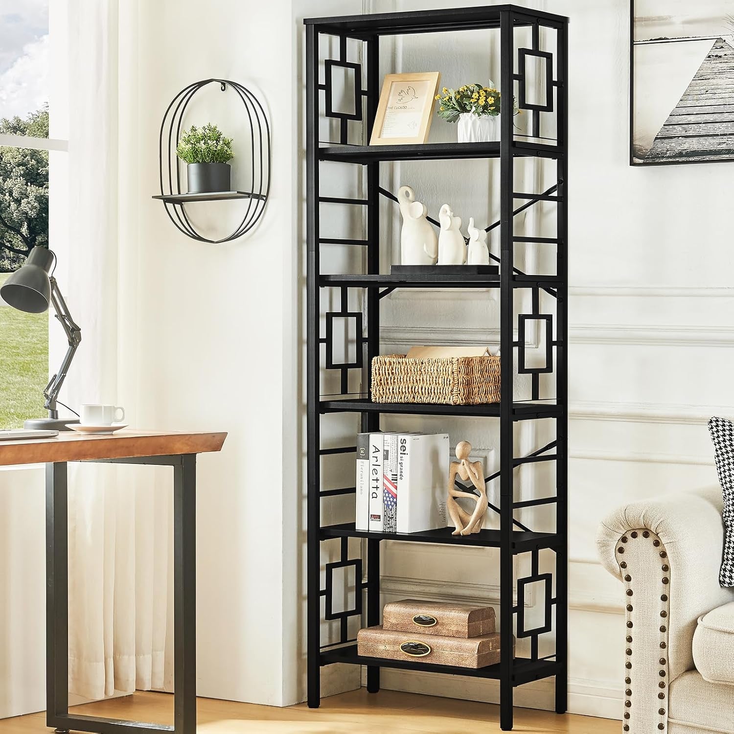 Tall Bookshelf, Industrial Bookshelf with Metal Frame and Open Shelves, 6 Tier Metal Bookshelves and Bookcases, Rustic Bookcase, Tall Book Shelf for Office, Living Room and Bedroom, Black