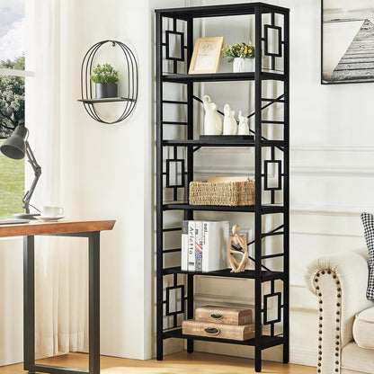 Tall Bookshelf, Industrial Bookshelf with Metal Frame and Open Shelves, 6 Tier Metal Bookshelves and Bookcases, Rustic Bookcase, Tall Book Shelf for Office, Living Room and Bedroom, Black