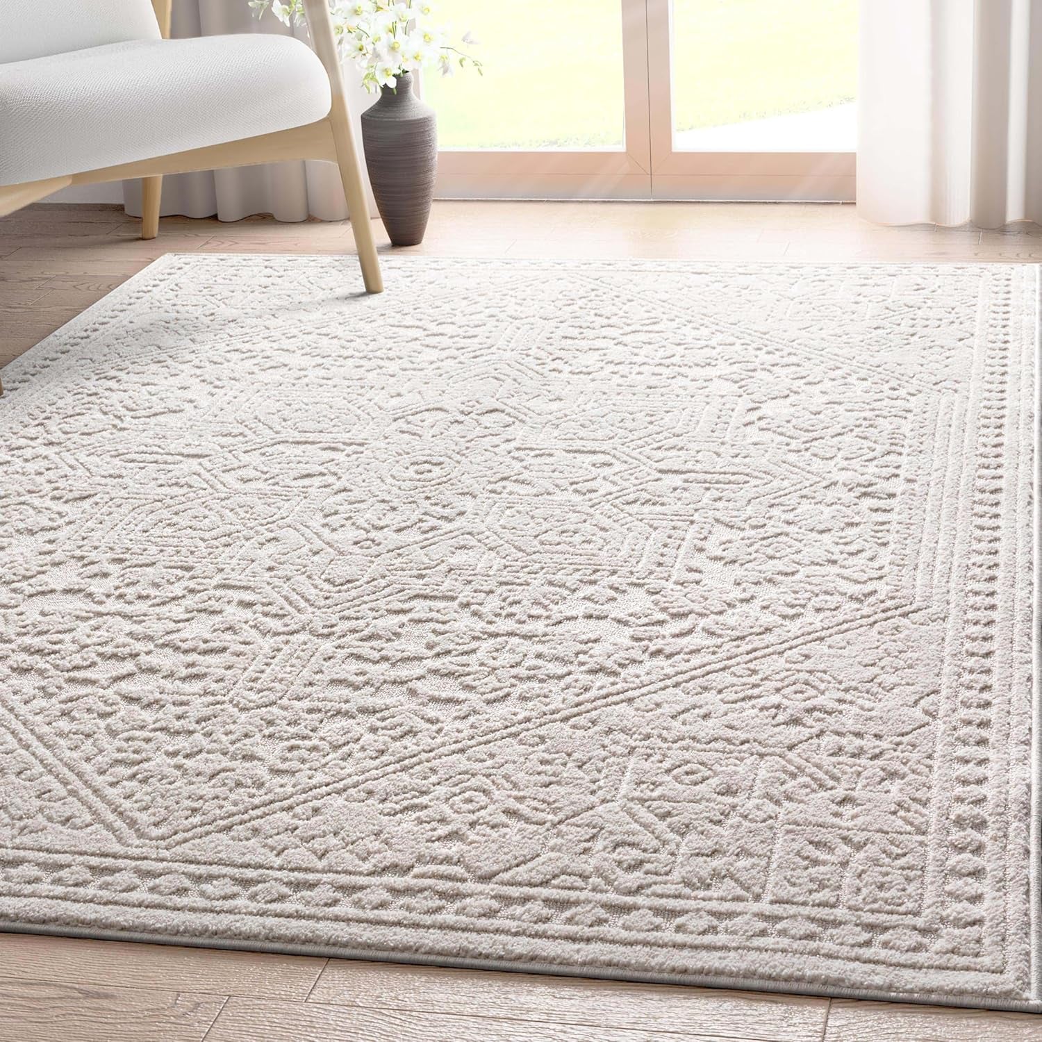 Harlow Collection Cloud Medallion Ivory - Modern Tribal Minimalist 8X10 Area Rug - Ideal for Living Room, Dining Room & Bedroom - Durable, Stain Resistant & Easy to Clean