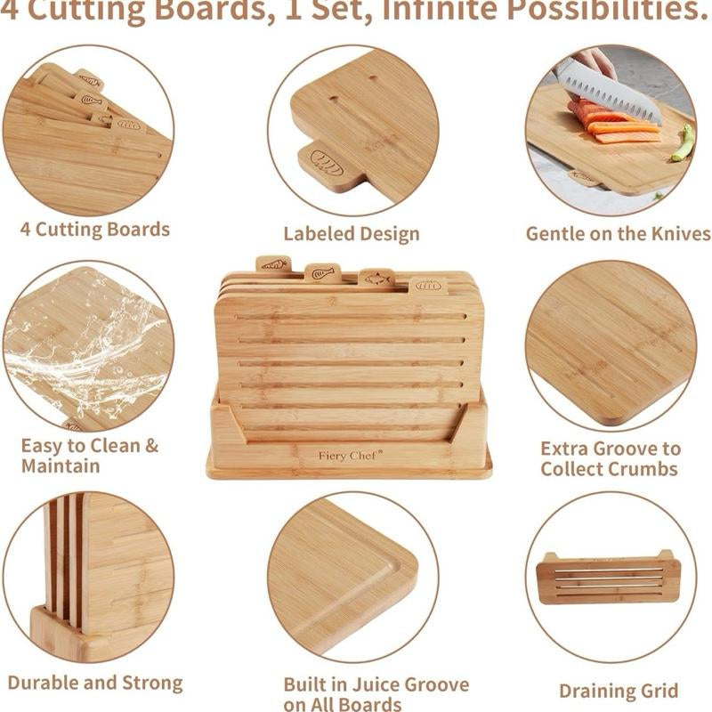 12.6"L X 9"W Bamboo Cutting Board Set of 4 - Wood Cutting Board Set with Holder