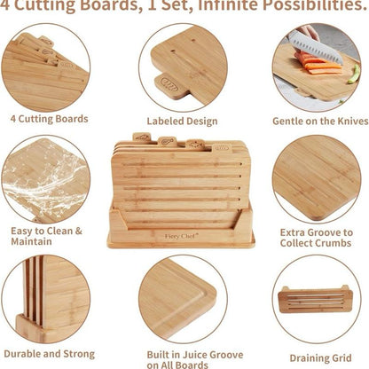 12.6"L X 9"W Bamboo Cutting Board Set of 4 - Wood Cutting Board Set with Holder