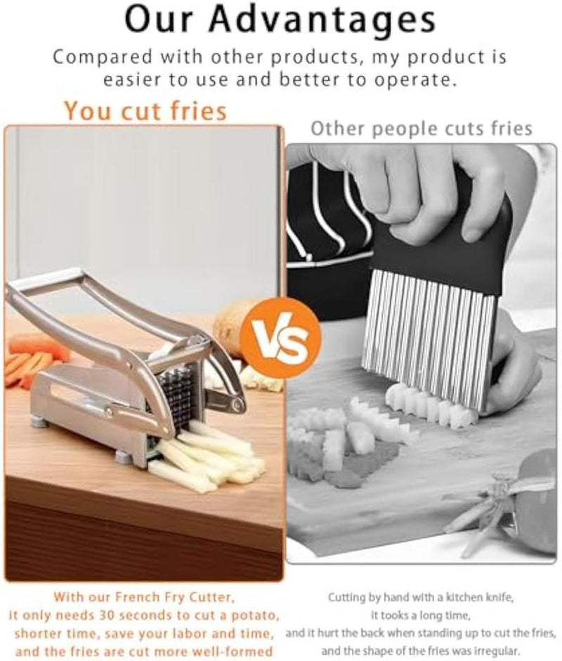 Manual French Fry Cutter with 2 Blades,Stainless Steel Potato Slicer for Fries,Carrots & Cucumbers, Kitchen Air Fryer Mate,Perfect Fruit Vegetable Slicer