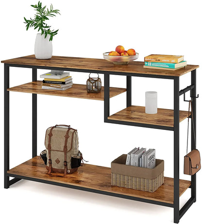 Narrow Console Table with 4 Storage Shelves & 2 Hooks, Buffet Sideboard Side Desk Entryway Table, Rustic