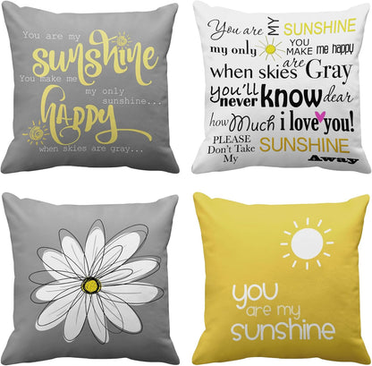Set of 4 Throw Pillow Covers You Are My Sunshine Yellow Gray with Words Decorative Pillow Cases Home Decor Square 16X16 Inches Pillowcases