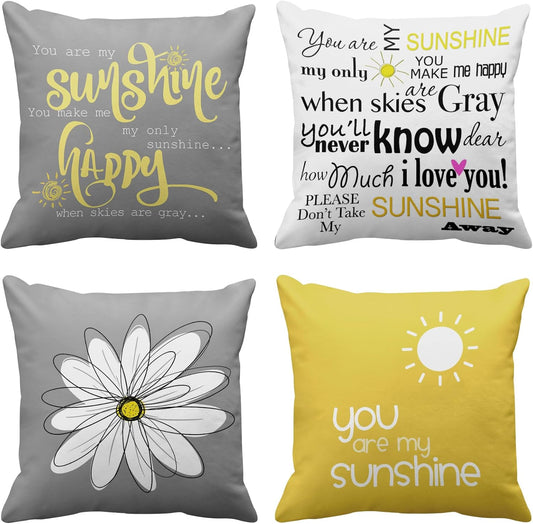 Set of 4 Throw Pillow Covers You Are My Sunshine Yellow Gray with Words Decorative Pillow Cases Home Decor Square 16X16 Inches Pillowcases