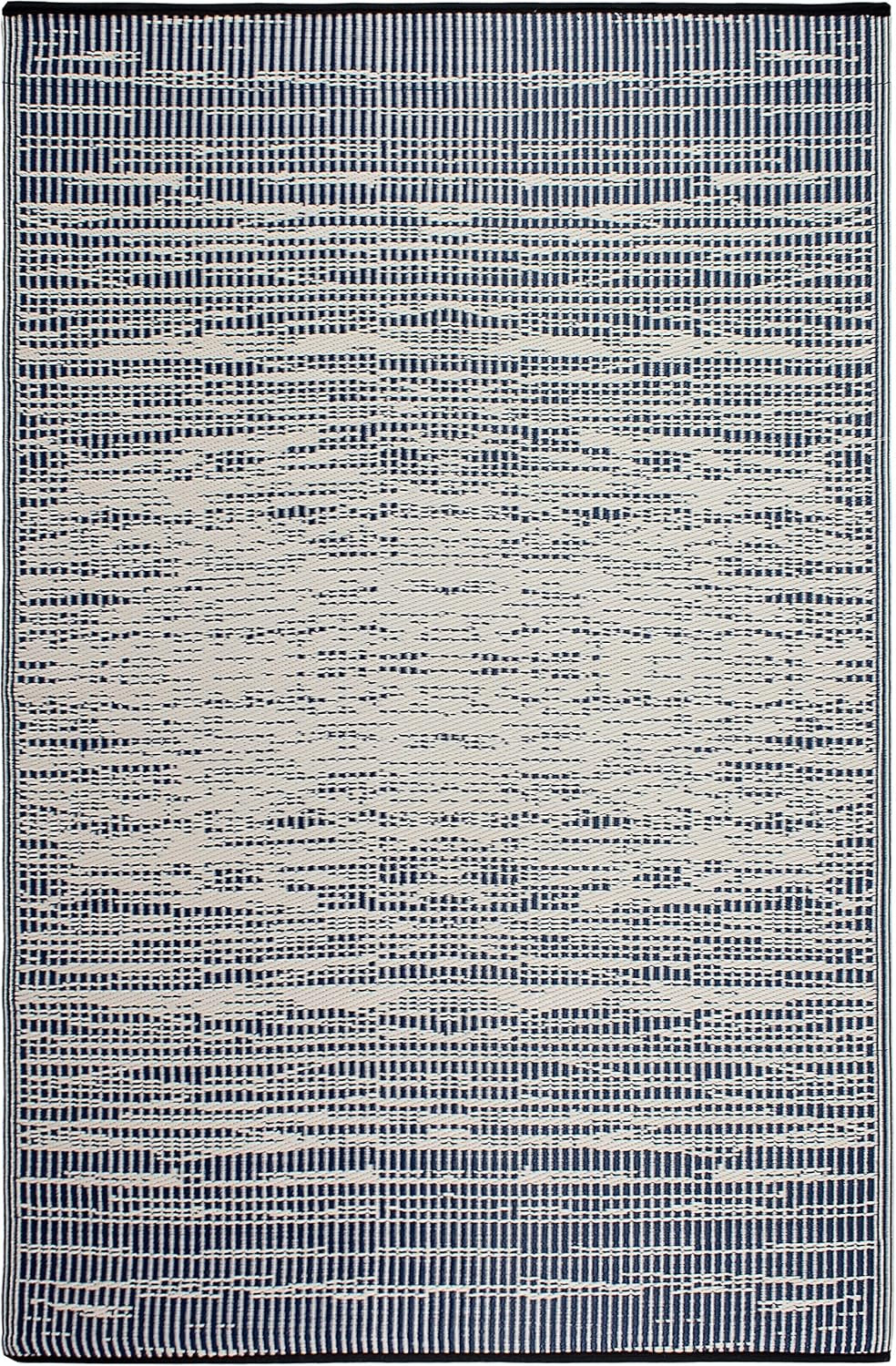 Abstract Distressed Stripes Outdoor Rug - Waterproof, Fade Resistant, Crease-Free, Reversible - Premium Recycled Plastic - Patio Porch Balcony Deck - Brooklyn Blue - 8X10 Ft