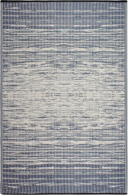 Abstract Distressed Stripes Outdoor Rug - Waterproof, Fade Resistant, Crease-Free, Reversible - Premium Recycled Plastic - Patio Porch Balcony Deck - Brooklyn Blue - 8X10 Ft