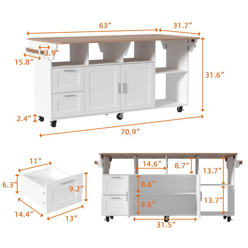 FUFU&GAGA Kitchen Island with Storage, Rolling Kitchen Island on Wheels with Drop-Leaf Bar Countertop, Island Table for Kitchen with Side Open Spice Rack and Tower Rack, Extra Storage for Kitchen