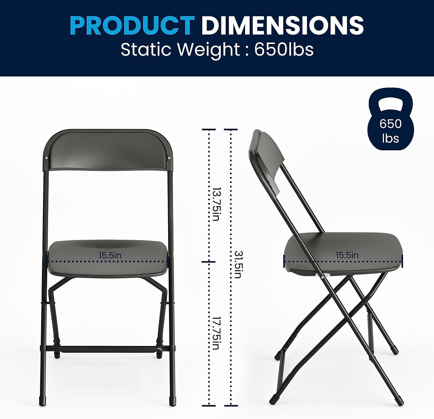 Hercules Series Plastic Folding Chair - Black - 650LB Weight Capacity Comfortable Event Chair - Lightweight Folding Chair