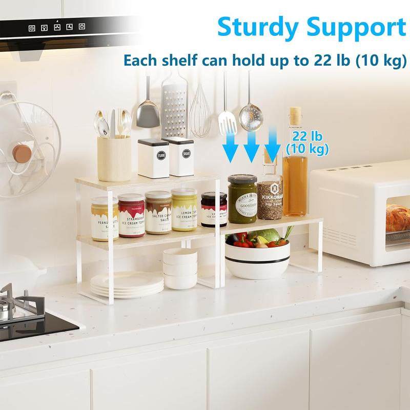 Countertop Organizer Corner Shelf, 2 Tier Adjustable Stackable Corner Shelves for Kitchen, Bathroom, Spice Rack, Coffee Bar, over Sink, Dresser Table, Corner Counter Shelf Stand, Natural Beige