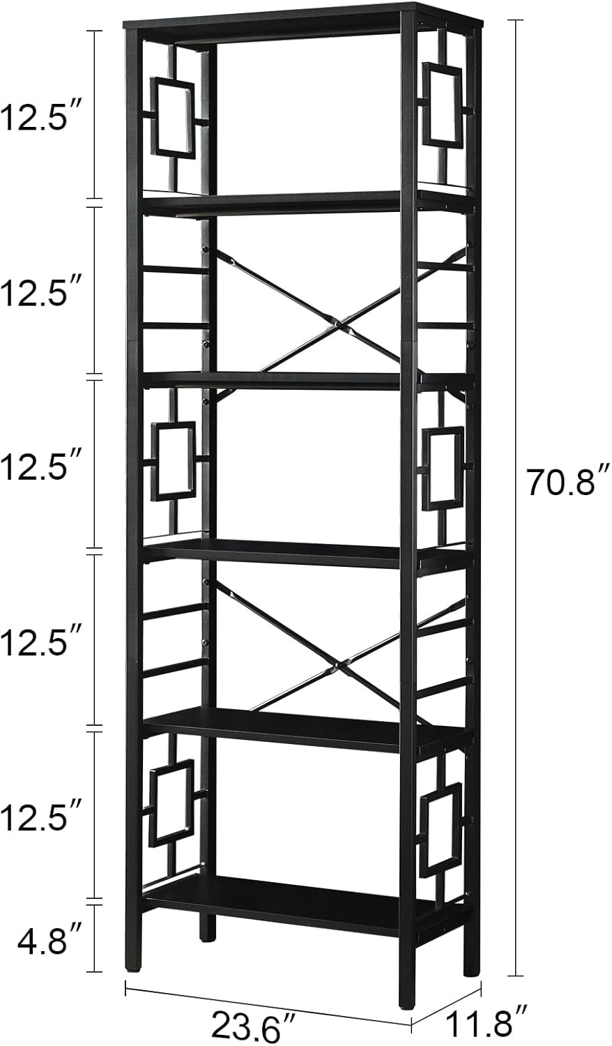 Tall Bookshelf, Industrial Bookshelf with Metal Frame and Open Shelves, 6 Tier Metal Bookshelves and Bookcases, Rustic Bookcase, Tall Book Shelf for Office, Living Room and Bedroom, Black
