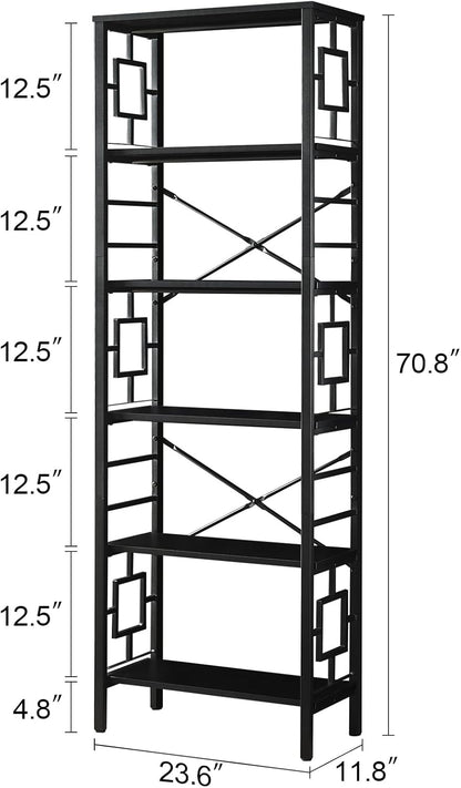 Tall Bookshelf, Industrial Bookshelf with Metal Frame and Open Shelves, 6 Tier Metal Bookshelves and Bookcases, Rustic Bookcase, Tall Book Shelf for Office, Living Room and Bedroom, Black