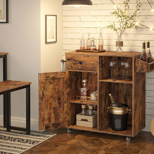 HOOBRO Kitchen Island on Wheels, Storage Cabinet with Drawer, Kitchen Cart with Spice and Towel Rack, Saving Space, Easy Assembly, for Living Room, Rustic Brown#Springtok