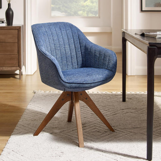 Desk Chair - Mid Century Modern Office Chair No Wheels, Swivel Accent Chair with Oak Wood Legs, Fabric Upholstered Arm Chair, Blue