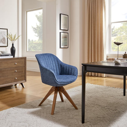 Desk Chair - Mid Century Modern Office Chair No Wheels, Swivel Accent Chair with Oak Wood Legs, Fabric Upholstered Arm Chair, Blue