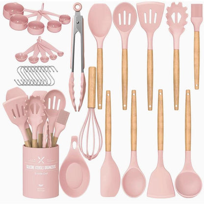 Kitchen Cooking Utensils Set, 33 Pcs Non-Stick Silicone Cooking Kitchen Utensils Spatula Set with Holder, Wooden Handle Silicone Kitchen Gadgets Utensil Set