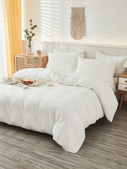 Plain White Duvet Cover Set Super Soft Bedding Queen 3 Pieces Breathable Lightweight Microfiber Duvet Cover Farmhouse White Comforter Cover with Zipper Closure School Bedding