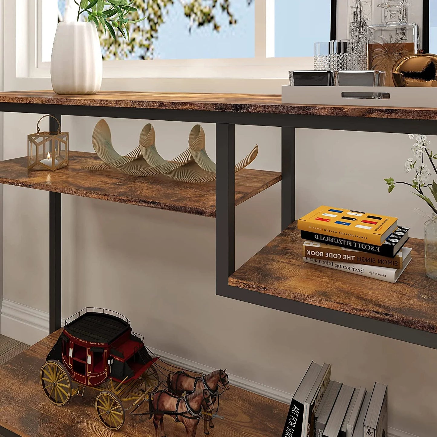 Narrow Console Table with 4 Storage Shelves & 2 Hooks, Buffet Sideboard Side Desk Entryway Table, Rustic