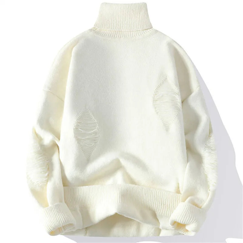 Autumn Winter Men'S Hole Turtleneck Pullovers Solid Color Casual Knitted Sweater Men Fashion Loose Streetwear Knit Pullovers Man