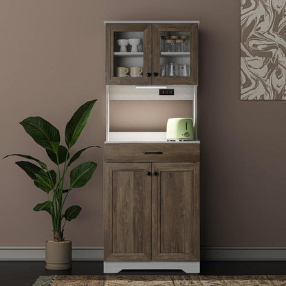 Sideboard Buffet Storage Cabinet with LED & Power Outlet, Kitchen Pantry Organization with Drawer Shelves, Microwave Wood Stand Hutch for Dining Room