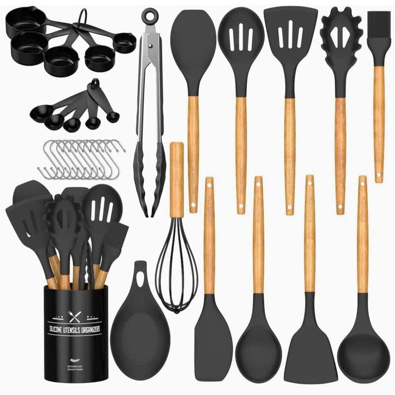Kitchen Cooking Utensils Set, 33 Pcs Non-Stick Silicone Cooking Kitchen Utensils Spatula Set with Holder, Wooden Handle Silicone Kitchen Gadgets Utensil Set