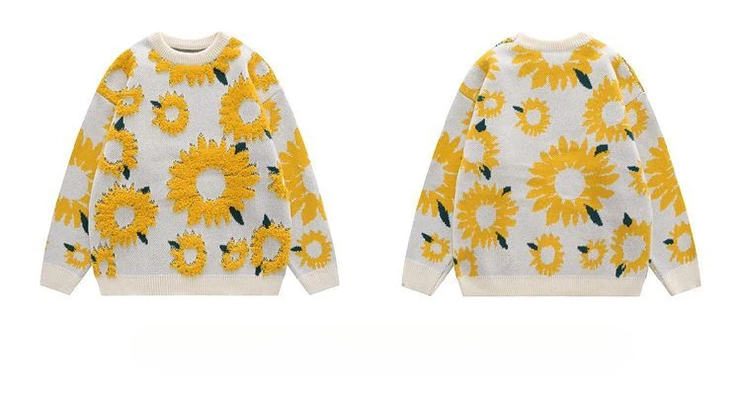 Harajuku New Mens Sweater Sunflower Flocked round Neck Oversized Sweater Men Ins Style Loose Casual Couple Knitted Pullover Tops