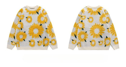 Harajuku New Mens Sweater Sunflower Flocked round Neck Oversized Sweater Men Ins Style Loose Casual Couple Knitted Pullover Tops