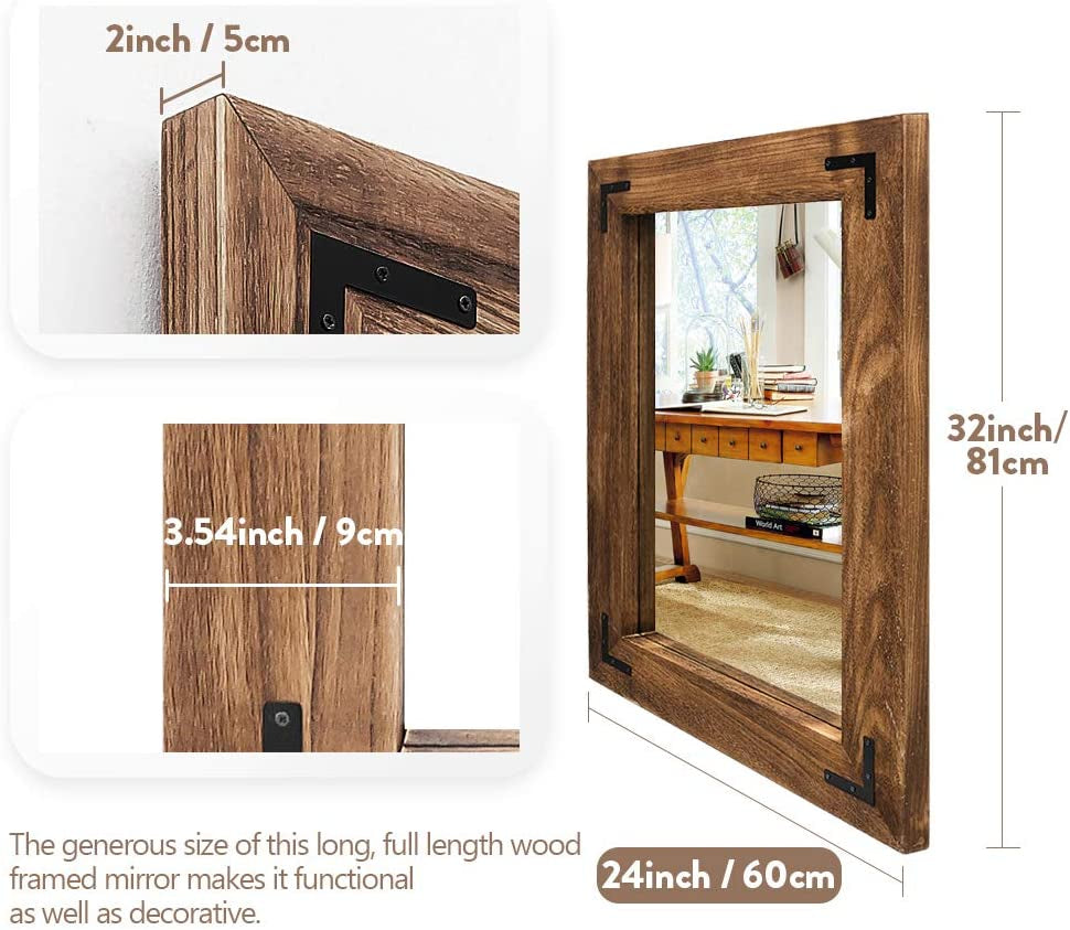 Rustic Wooden Framed Wall Mirror, Natural Wood Bathroom Vanity Mirror for Farmhouse Decor, Vertical or Horizontal Hanging, 32" X 24", Brown