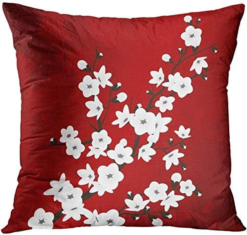 Set of 4 Throw Pillow Covers Japanese Zen Tree Eastern Nature Home Flowers Cherry Blossom Beige Cream Decorative Pillow Cases Home Decor Square 22X22 Inches Pillowcases