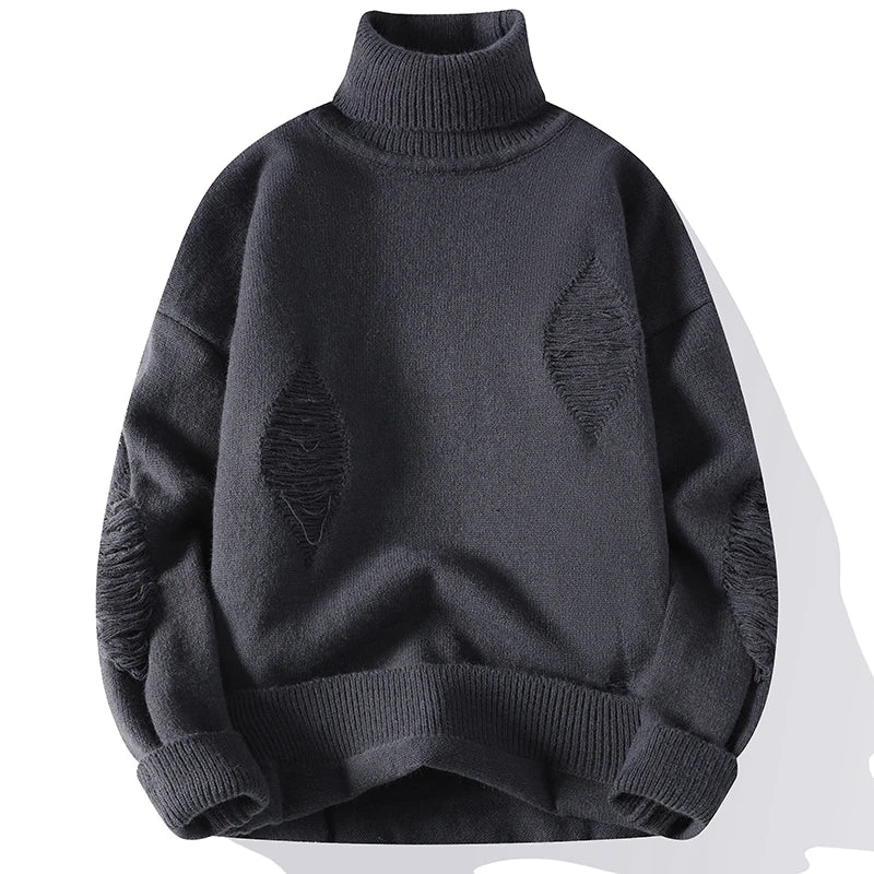 Autumn Winter Men'S Hole Turtleneck Pullovers Solid Color Casual Knitted Sweater Men Fashion Loose Streetwear Knit Pullovers Man