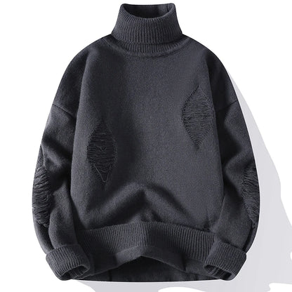 Autumn Winter Men'S Hole Turtleneck Pullovers Solid Color Casual Knitted Sweater Men Fashion Loose Streetwear Knit Pullovers Man
