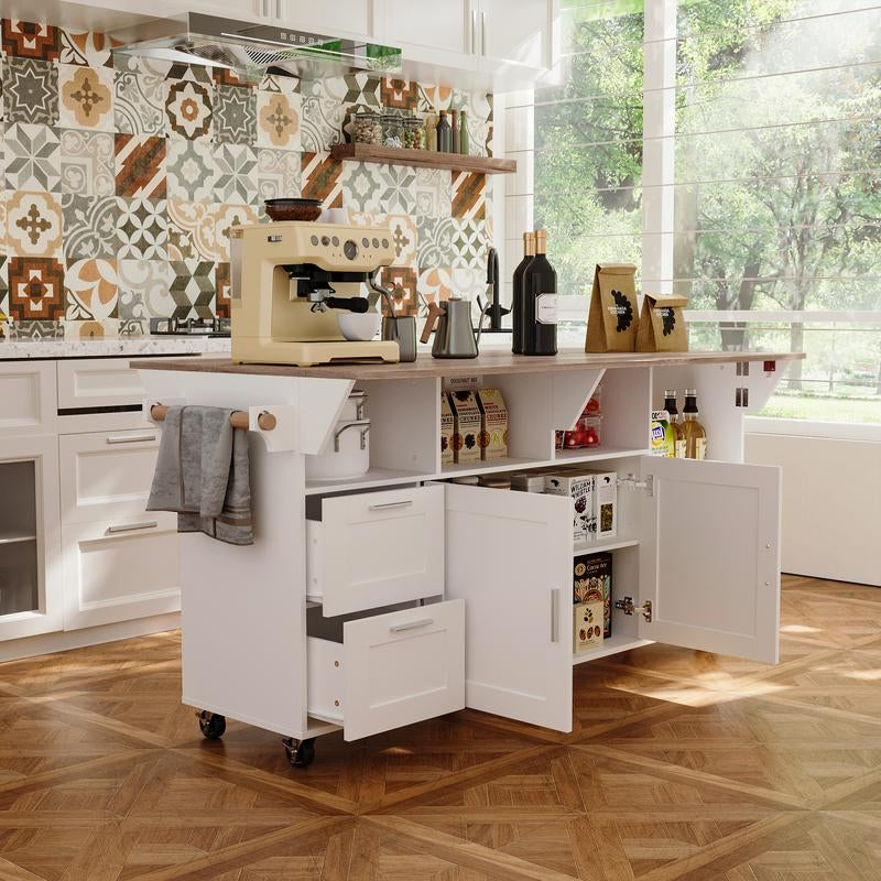 FUFU&GAGA Kitchen Island 54" Large Rolling Kitchen Island Cart on Wheels with Drop Leaf Breakfast Bar Spice Towel Rack Mobile Island Table for Kitchen with Storage, Moveable Cabinet Drawer